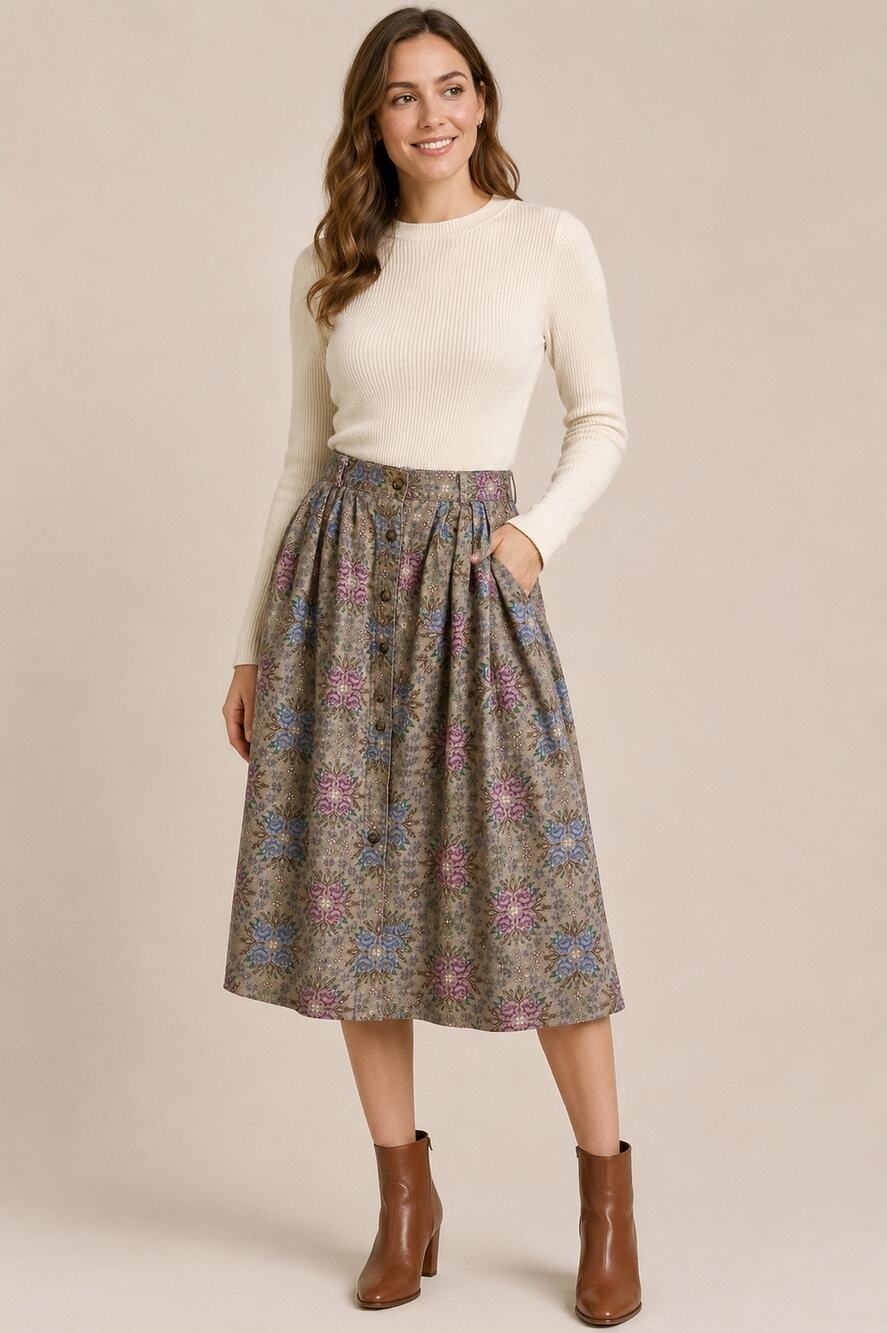 Vintage Jantzen Classics Floral Button-Front Skirt | Cottagecore | Size Large